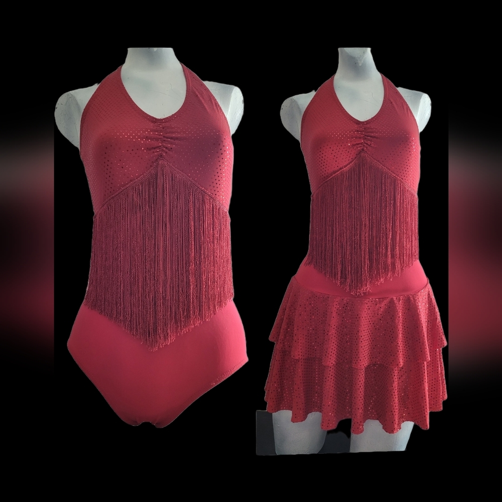 2-Piece BALLET/BALERA DANCE WEAR/Glittery/Red Halter Fringe Dress Halloween